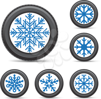 The set of winter inflated wheels on white background. Tires with snowflake symbol instead of a rim