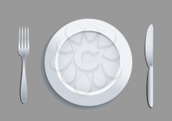 Tableware set for meal food on gray background. Fork plate and knife with shadow