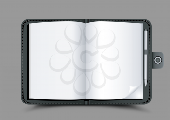 The open black notepad with shadow on gray background. Clear white sheets of paper. Writer template book