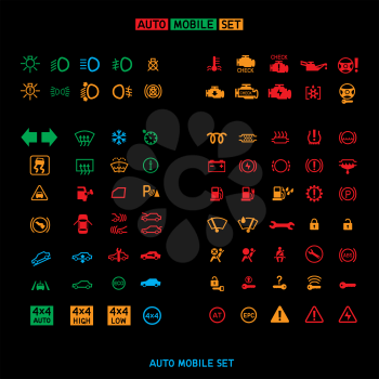 Car control panel interface icon big set isolated on black background. Auto dashboard sign icons. Collection transportation panel symbol