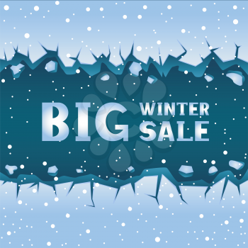 Big straight blue ice crack and falling snow. Text winter sale lettering