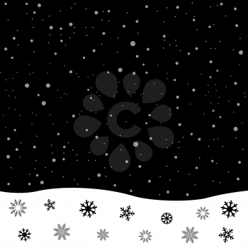 Falling snow. Black and white winter snowdrift. Christmas decoration snowflake