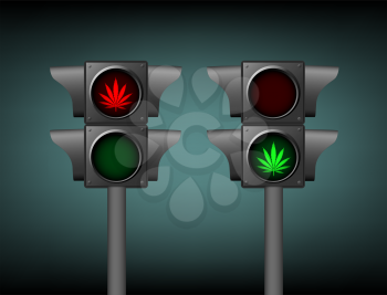 Semaphore with included green and red cannabis hemp sign symbol on dark background.
