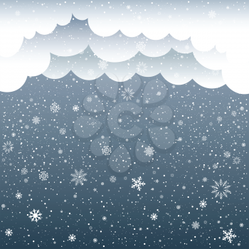 The snow falls and cartoon cloud on dark background. Winter snowflake. Christmas and New Year eve