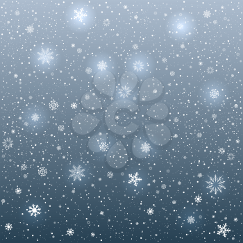 The snow falls and cartoon sky dark background. Winter snowflake. Christmas and New Year eve