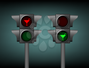 Semaphore with included green and red cocktail disco party sign symbol on dark background.