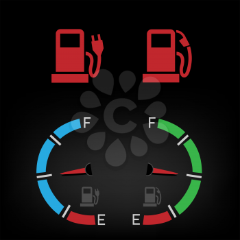 Car control panel interface fuel icon isolated on black background. Auto gas and battery sign icons. Collection transportation gasoline electric panel symbol
