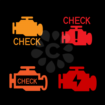 Engine check icon. Car control panel interface isolated on black background. Auto motor sign