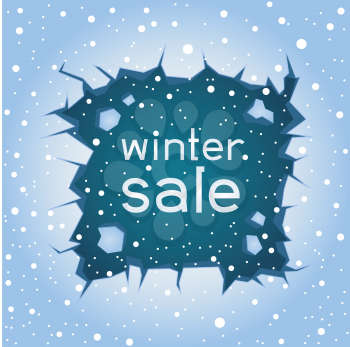 Big rectangular blue ice crack and falling large snow. Text winter sale lettering