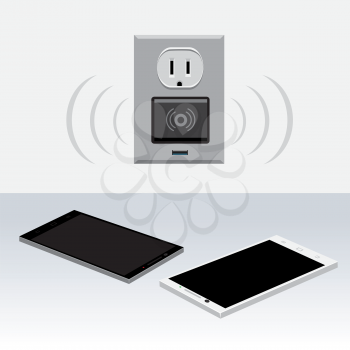 White and black smartphone charging from wireless outlet on light background. Mobile phone charge. Wi-fi adapter