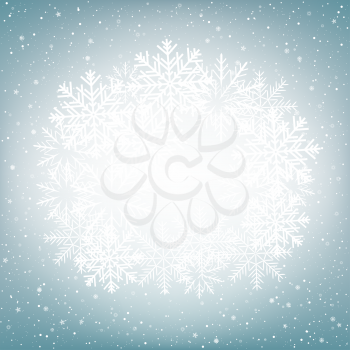 Lot of snow make globe on light blue background. Many big and small snowflake. Christmas and New Year backdrop