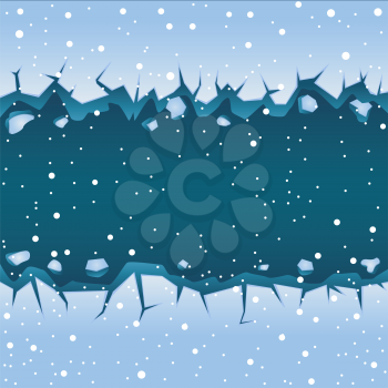 Big straight blue ice crack on lake or river and falling snow. Winter theme graphic vector clipart