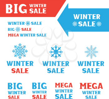 Winter sale logo set. Blue snow big snowflake sign symbol red and blue lettering. Arrows indicate the direction of sales