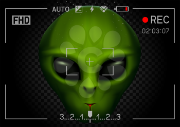 Camera viewfinder rec green alien face with black eyes on transparent dark background. Record video with stranger. Invader head. UFO theme