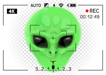 Camera viewfinder rec green alien face with black eyes on transparent white background. Record video with stranger. Invader head. UFO theme