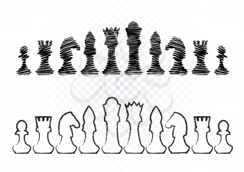 Black and white drawing chess figures set collection on transparent background. Items for intellectual strategic chessboard game
