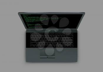 Black modern laptop from above with shadow on gray background. Wireless computer monitor keyboard. Code on the screen