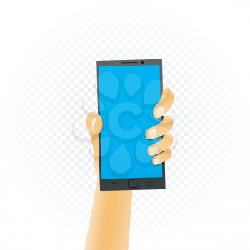 Black smartphone template hold up in hand isolated on white transparent background. Phone technology show concept