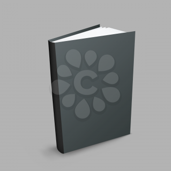 Standing closed black book with shadow on gray background. Empty cover template. Education literature symbol. Author writer show product