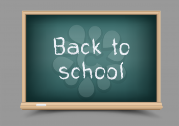 Education school green chalkboard with shadow on gray background. Blackboard template and chalk write message back to school
