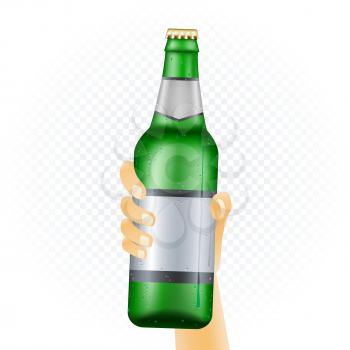 Large beer bottle template hold up in hand isolated on white transparent background. Can of drink show concept with water condensate