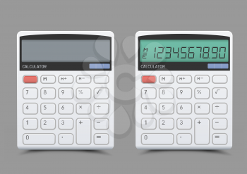 Turn on and off white calculator with shadow on gray background. Modern count tool