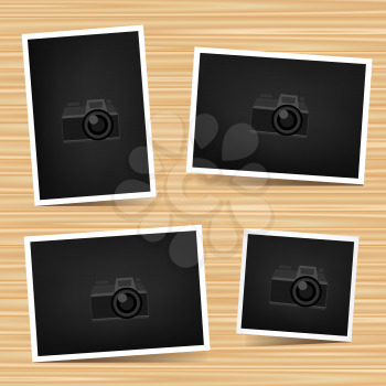 Paper horizontal, vertical and square photo set on brown wooden background. Empty exhibition collection of template to insert your photography. Picture collection. Camera symbol for default show