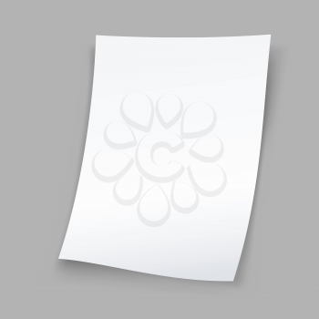 Standing sheet of white paper with shadow on gray background. Empty document template. Author writer show product