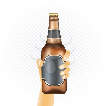 Small beer bottle template hold up in hand isolated on white transparent background. Can of drink show concept with water condensate