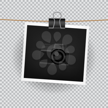 Paper square photo hang on the cord on transparent background. Empty exhibition of template to insert your photography. Camera symbol for default picture show