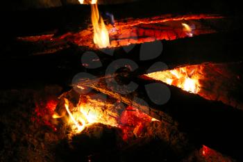 Log fire make heat ash. logs burning on fireplace in dark