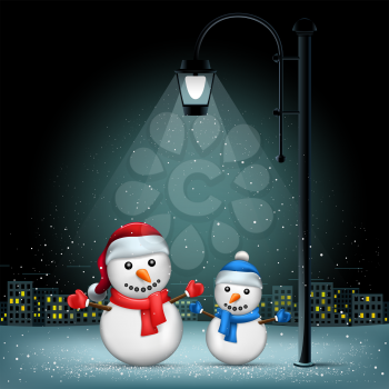 Snowmans standing on lamp lights. Christmas snowflakes falls on night city background. Large electric pillar light up snowman