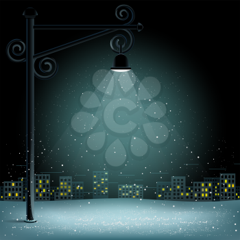 Christmas snow in lamp lights. Snowflakes falls on night city background. Big electric pillar