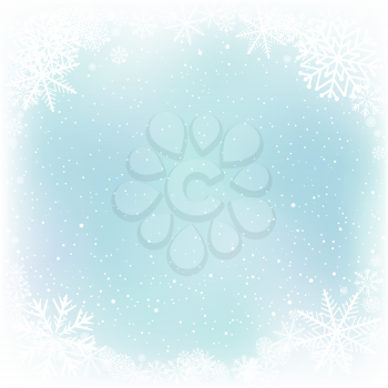 Blue sky and snow winter frame background. Frosty close-up wintry snowflakes. Ice shape pattern template. Christmas holiday decoration backdrop