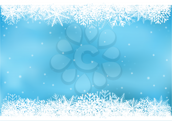 Blue snowflake background. Snow sky frame. Frosty close-up wintry snowflakes. Ice shape pattern template. Christmas holiday decoration backdrop