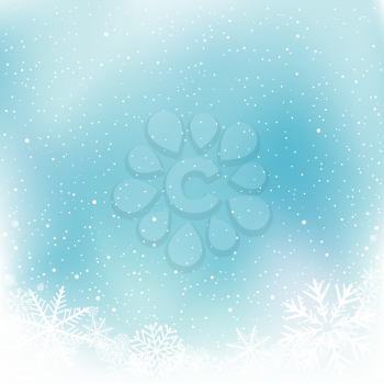Christmas blue snow winter template. Sky snowy frame background. Frosty close-up wintry snowflakes. Ice shape pattern. New Year holiday decoration backdrop