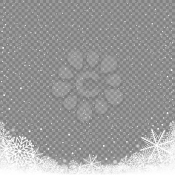 Winter snowfall on transparent background. Frosty close-up wintry snowflakes. Ice shape pattern. Christmas holiday decoration backdrop
