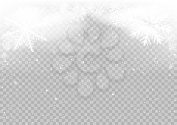 Snow falls winter sky clouds on transparent background. Frosty close-up wintry snowflakes. Ice shape pattern. Christmas holiday decoration backdrop