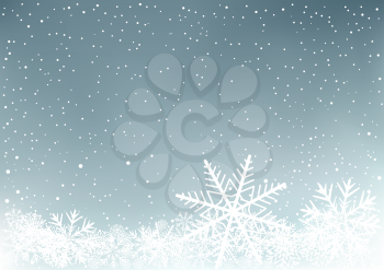 Winter sky background with snow. Frosty close-up wintry snowflakes. Ice shape pattern. Christmas holiday decoration backdrop