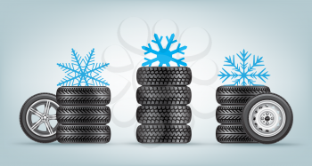 Winter wheels icon set with snowflake sign from above. Wintery tire collection and snow symbol