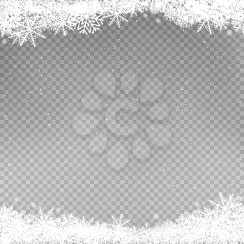 Snowflakes falling frame template. Christmas snow on gray background. Snowfalls winter sky clouds. Frosty close-up wintry snowflake. Ice shape pattern. Hliday decoration backdrop