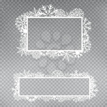 Snowflakes rectangular frame template set on gray transparent background. Christmas holiday ice ornament banner