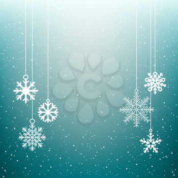 Christmas decoration snow blue sky background. Falling and hang snowflakes on nature lights. Winter holiday design template