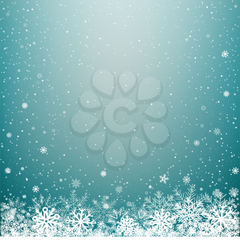 Blue glowing sky cloud snow background. Falling snowflakes azure backdrop. Christmas winter decoration design template