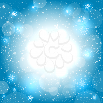 Glowing snow circle blue bokeh background. Falling snowflakes azure backdrop. Christmas decoration design template