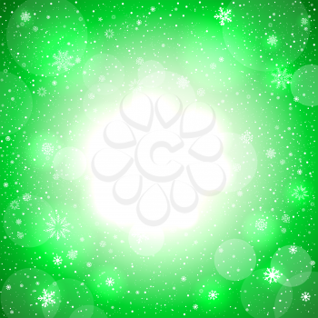 Glowing snow circles green bokeh background. Falling snowflakes natural backdrop. Christmas decoration design template