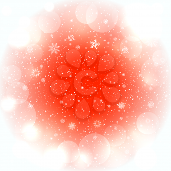 Glowing snow circles red clouds sky bokeh background. Falling snowflakes orange backdrop. Christmas decoration design template