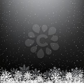 Dark glowing light snow background. Falling snowflakes blizzard black backdrop. Christmas winter decoration design template