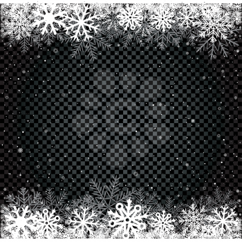 Snow transparent dark background. Falling snowflakes blizzard black backdrop. Christmas winter decoration design template
