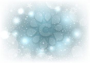 Christmas magic snowy background. Glowing fall snow circle blue clouds sky bokeh backdrop. Christmas snowflakes decoration design template